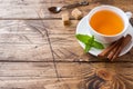 Cup of hot tea with mint and brown sugar on a wooden table Copy sapce Royalty Free Stock Photo