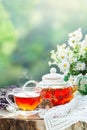 Cup with hot tea with mint and a thyme on a wooden table in a summer garden. Selective focus, Royalty Free Stock Photo