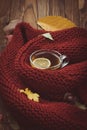 Cup of tea on the table with fallen leaves