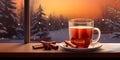 illustration of a cup of hot tea on the table in front of a window with a snowy view on the christmas new year evening Royalty Free Stock Photo