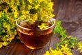 Cup with Hypericum perforatum, St Johns wort or tutsan plant drink with fresh flowers Royalty Free Stock Photo