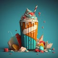 A Cup of Ice Cream Overflowing with Toppings and Candies, Accentuated with Playful Orange and Teal Color Shading