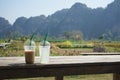 Cup of iced coffee and lemon tea on wooden table with nice garden and mountain background Royalty Free Stock Photo