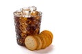 Cup of iced cola and sandwich biscuits on white with clipping path