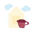 On the cup the inscription stay home, cute flat concept house on a white background