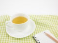 The cup of Japanese green tea and small note book