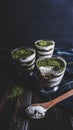 Japanese Green Tea Tiramisu in Cup with plaid cloth and dark cool background Royalty Free Stock Photo
