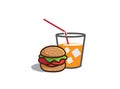 Cup of juice with square ice cubes and big hamburger Sandwich with meat and vegetable inside for design illustrator, chheeseburger