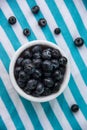 A Cup Of Juicy Blueberries At A Bright Blue Stripy Background Royalty Free Stock Photo