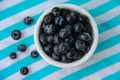 A Cup Of Juicy Blueberries At A Bright Blue Stripy Background Royalty Free Stock Photo