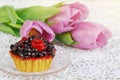 Cup of karkadeh red tea with berries cake and tulips Royalty Free Stock Photo