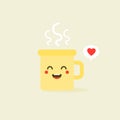 Cup kawaii emoji with cheeks and eyes. Colored beautiful doodle cups character in flat designs with cute cartoon faces. Hot coffee