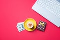 Cup, laptop, money and gift Royalty Free Stock Photo