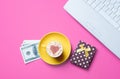 Cup, laptop, money and gift Royalty Free Stock Photo