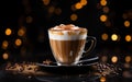 cup of latte coffee with cinnamon, star anise and whipped cream on a plate, blurred sparkling dark and orange background Royalty Free Stock Photo