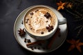 Cup of latte coffee with snowflake art on foam, top view on winter blurred background