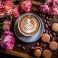 cup of latte with macaroons and flowers