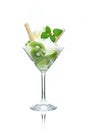 A cup of lemon ice cream decorated with kiwis, cones and mint leaves Royalty Free Stock Photo