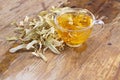 A cup of lime tea with honey. Dried linden flowers are used in folk medicine, honeydew flower