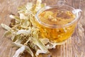 A cup of lime tea with honey. Dried linden flowers are used in folk medicine, honeydew flower