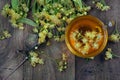 Cup of linden tea and fresh linden flowers on a wooden table. herbal tea. top view Royalty Free Stock Photo