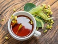 Cup of linden tea and lime flowers on the wooden table. Top view