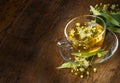 cup of linden tea on an old wooden table