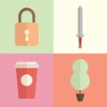 Cup,Lock,Paper Cup,Tree Flat Illustrations / Icons With Flat Colors Royalty Free Stock Photo