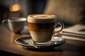 A cup of macchiato coffee is on a table. Beautiful mug and saucer.