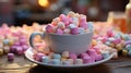 A cup of marshmallows on a pile of colorful marshmallo. Generative AI. Royalty Free Stock Photo