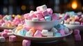 A cup of marshmallows on a pile of colorful marshmallo. Generative AI. Royalty Free Stock Photo