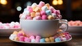 A cup of marshmallows on a pile of colorful marshmallo. Generative AI. Royalty Free Stock Photo