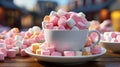 A cup of marshmallows on a pile of colorful marshmallo. Generative AI. Royalty Free Stock Photo