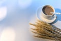 A cup of milk coffee, a bouquet of ripe wheat ears, bokeh background, copy space