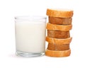 Cup of milk near pile of sliced baguette