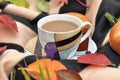 A cup of milk tea, sweet fresh buns and colorful autumn leaves on a striped warm picnic blanket Royalty Free Stock Photo