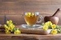 A cup of mullein tea with fresh blooming mullein