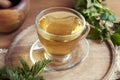 A cup of nettle tea with fresh stinging nettles on a table