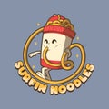 Cup noodles character surfing a noodle vector illustration.