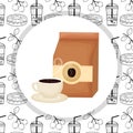 Cup and paper bag fresh beverage takeaway donuts label coffee time