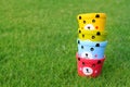 Cup pastel bears lined up in the grassy background. Royalty Free Stock Photo
