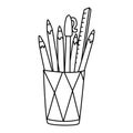 Cup with pens and pencils hand drawn doodle vector illustration Royalty Free Stock Photo