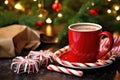 a cup of peppermint mocha near a pile of holiday presents