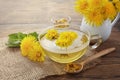 Cup ph healthy dandelion tea on vintage wooden background. Fresh herbs.