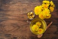 Cup ph healthy dandelion tea on vintage wooden background. Fresh herbs.