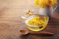 Cup ph healthy dandelion tea on vintage wooden background. Fresh herbs.