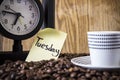 Cup polka dots, clock and a sticker with the day