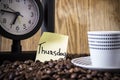 Cup polka dots, clock and a sticker with the day