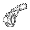 Cup pours beer from bottle engraving vector