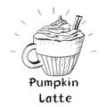 Cup of pumpkin coffee latte with cream and cinnamon stick. Handwritten lettering. Vector isolated sketch illustration Royalty Free Stock Photo